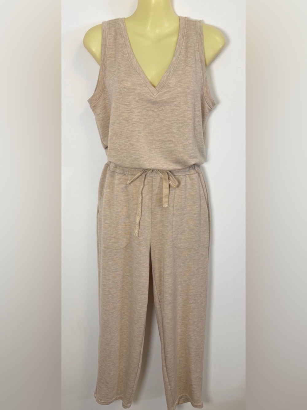 Calvin Klein Sleeveless V-Neck Beige Knit Jumpsuit